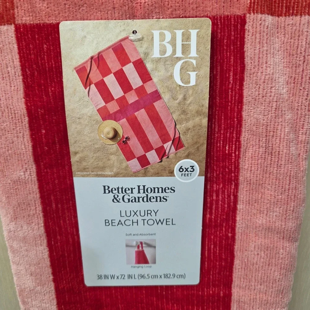 Better Homes & Gardens Luxury Beach Towel Red Pink Checkered 38x72 Oversized NEW